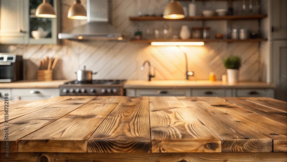 Poster close-up of a rustic wooden tabletop with a blurred background of a warm and inviting kitchen