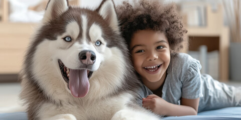 Fototapeta premium joyful child smiles beside friendly dog, showcasing their bond. This heartwarming scene captures essence of companionship and love between pet and child
