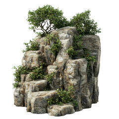 A rocky formation adorned with greenery, suitable for natural landscapes or 3D modeling.
