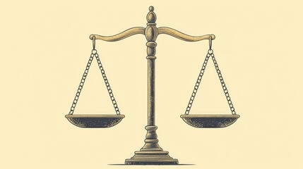 Sleek and modern illustration of scales of justice on white backdrop emphasizes fairness and balance. design features clean lines and monochromatic palette of black and gold.