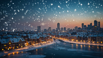Fototapeta premium still snowy city landscape at night with glowing lamps lighting icy roads and snow covered paths Winter Photo