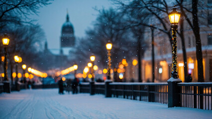 Fototapeta premium winter city street at night soft golden light from street lamps illuminating snow covered roads Winter Photo