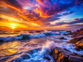Fototapeta premium Bright Waves Crash with Energy Against a Vibrant Twilight Sky, Creating a Stunning Seascape with Copy Space for Text and Inspiration, Ideal for Nature and Ocean-Themed Projects