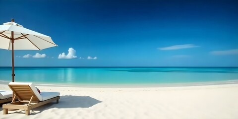 Obraz premium A tropical beach with white sand , turquoise water , and a clear blue sky.