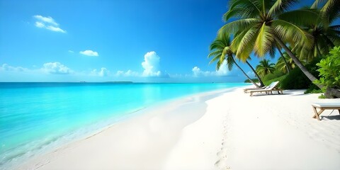 A tropical beach with white sand , turquoise water , and a clear blue sky.