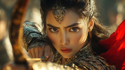 A fierce warrior aiming a bow, exuding strength and determination in a dynamic setting.