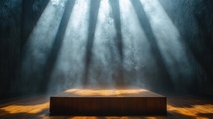 Obraz premium Wooden Stage with Soft Mist and Dramatic Light on Dark Concrete Floor