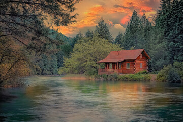 Fototapeta premium Serene Riverside Cottage: Glistening River, Mountain Cabin, Vivid Lake View, Artistic Perspective, Surreal Photography