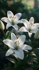Fototapeta premium Pure white lilies highlighted by soft rays in a green garden.