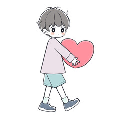 大きなハートを抱えて持つ男の子のイラスト