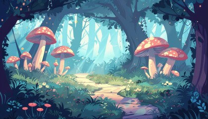 Magical forest glade. Serene woodland escape. Misty forest landscape. Nature cartoon landscape background.