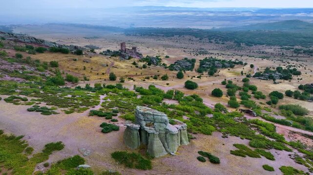 Landscape at the castle of Zafra (12th century). Municipality Campillo Due&ntilde;as. Aerial view from drone. Molina Alto Tajo Geopark. Alto Tajo Natural Park. Guadalajara. Castilla la Mancha. Spain. Europe