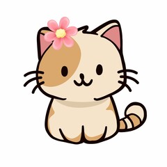 This illustration showcases a charming cartoon kitten with beige and brown patches, sitting in a cute and relaxed posture. The kitten features a pink flower accessory on its ear.