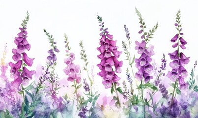 Fototapeta premium Serene watercolor foxgloves in purple hues delicate and elegant floral arrangement