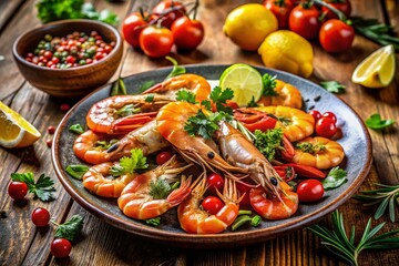Candid Capture of Delicious Shrimp on a Plate Surrounded by Fresh Ingredients and Herbs, Perfect for Gourmet Food Photography and Culinary Inspiration