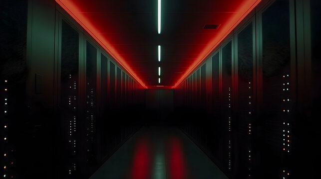 Dark server room corridor with red and teal lighting.