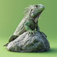 Fototapeta premium A striking 3D representation of an iguana basking on a rock, isolated with a seamless green gradient
