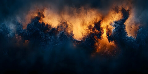 Obraz premium Dark, stormy clouds with fiery orange glow.