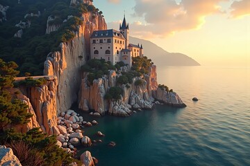 The Swallow's Nest castle perches dramatically on a cliff above the azure Black Sea, bathed in warm sunset hues, with rugged rocks, sparse greenery, and mist rising from gentle waves below