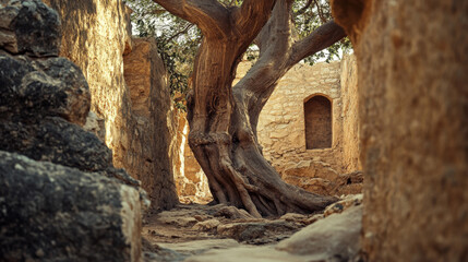Obraz premium Ancient Tree, Ruins, Sacred Site, Earth Tones, Macro Photography