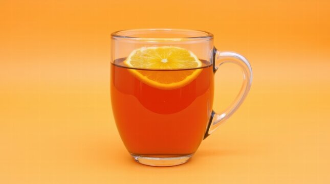 A cup of orange tea with a slice of orange on a pastel orange background