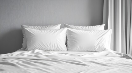 White pillows on a empty bed in a hotel room.