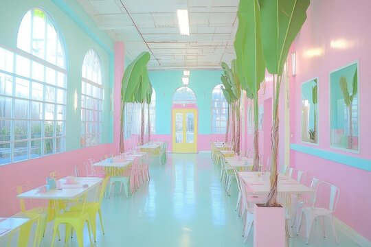 Pastel Pink and Mint Restaurant Interior with Banana Plants
