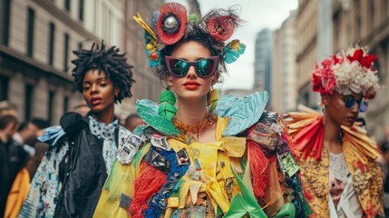 Fototapeta premium Recycled Fashion Show: Urban Street Style, Eco-Chic Designs, Vibrant Hues