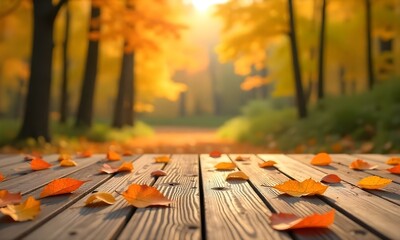 A wooden deck or platform in the foreground, with vibrant orange and yellow autumn leaves scattered around. In the background, a blurred forest scene with trees and sunlight filtering through.