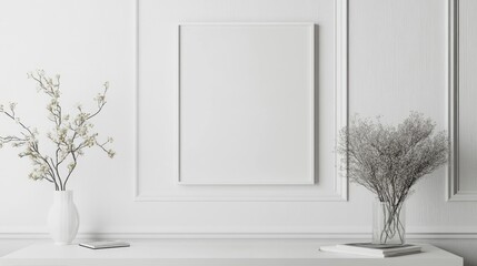 White rectangular vertical frame hanging on a white wall mockup
