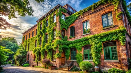 Fototapeta premium Candid Photography of an Old Brick Building with Weathered Facade and Lush Greenery in a Historic Urban Setting Capturing the Charm of Architectural Heritage and Timeworn Beauty