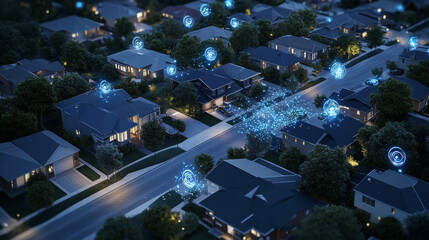 Smart Suburban Neighborhood: Nighttime Network, 3D Rendering
