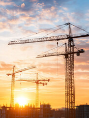 Construction cranes silhouetted against a vibrant sunset sky.