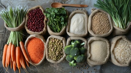 Raw foods in bags and vegetables.