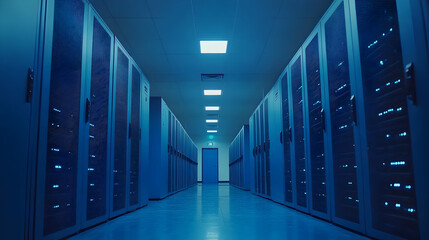 Data center server room with rows of rack servers.