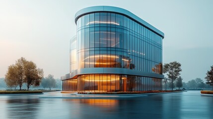 Modern glass building with a sleek design and warm lighting in an urban setting.
