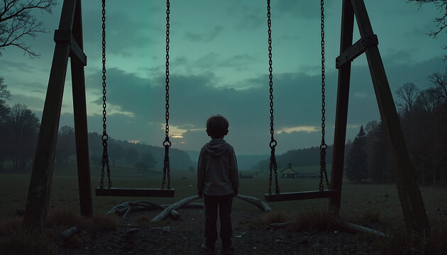 Lonely child standing near an empty swing set at dusk in a desolate park