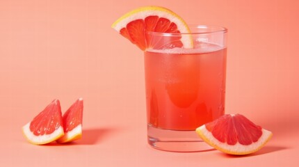 Fresh ruby red grapefruit juice in a glass with slices grapefruit on a salmon background