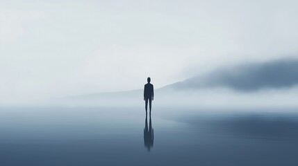 Young man standing alone . Mist over water. Foggy air. Early chilly morning in autumn. Beautiful freedom moment and peaceful atmosphere in nature. Back view generative ai