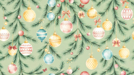 Christmas background with fir branches and colorful ornaments