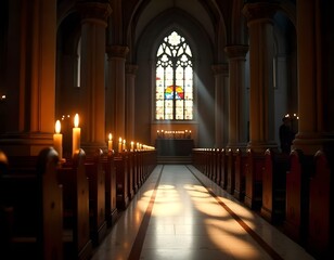 Obraz premium A dimly lit cathedral interior with stained glass windows, rows of wooden pews, and several lit candles in the foreground, featuring a bright sunny day , with ornate marble columns and soft flickering