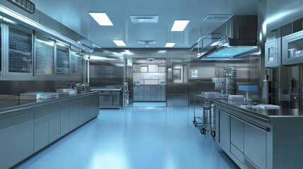 Industrial kitchen setup modern restaurant interior design stainless steel environment wide angle view culinary efficiency