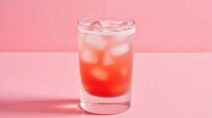 Refreshing strawberry cocktail with strawberries around it on a pastel pink background
