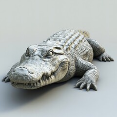 Fototapeta premium A vivid 3D representation of a crocodile resting on the riverbank, isolated with a light gray background