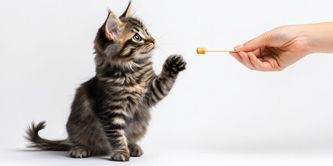 A playful kitten reaching for a treat held by a hand.
