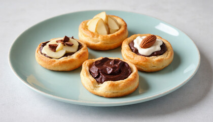 Four Danish pastries in a close-up style in golden brown 