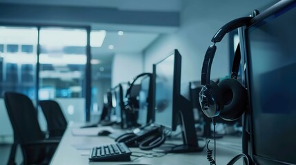 Headset and customer support equipment at call center ready for actively service . Corporate business help desk and telephone assistance concept