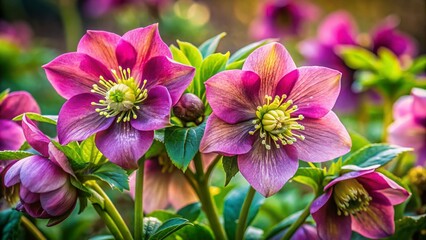 Obraz premium Candid Photography of Stunning Hellebore Blooms in a Natural Garden Setting, Showcasing Their Unique Colors and Textures to Highlight the Beauty of Springtime Flora