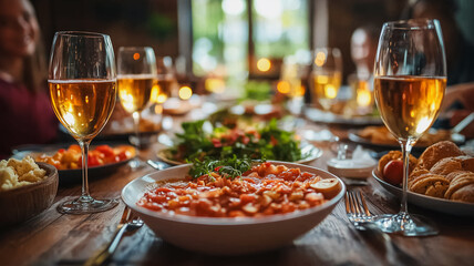Naklejka premium A table with a variety of food and drinks, including wine glasses and forks
