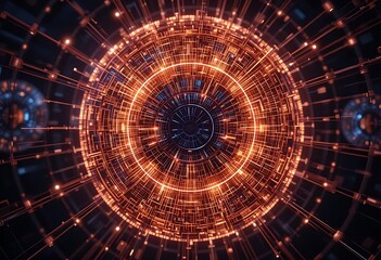 A glowing spherical pattern resembling futuristic data hubs